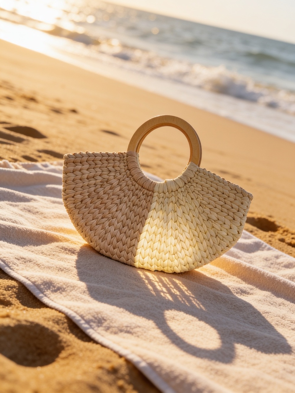 Neutral Woven Straw Tote with Wooden Circle Handles - Picture 9 of 16